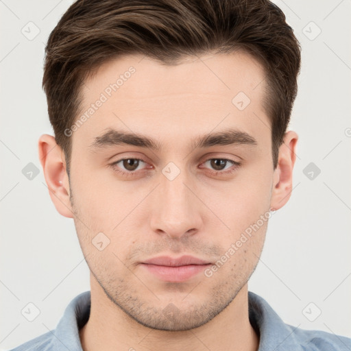 Neutral white young-adult male with short  brown hair and grey eyes