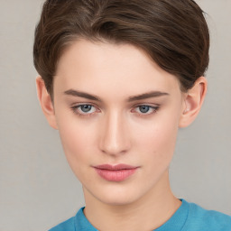 Neutral white young-adult female with short  brown hair and brown eyes