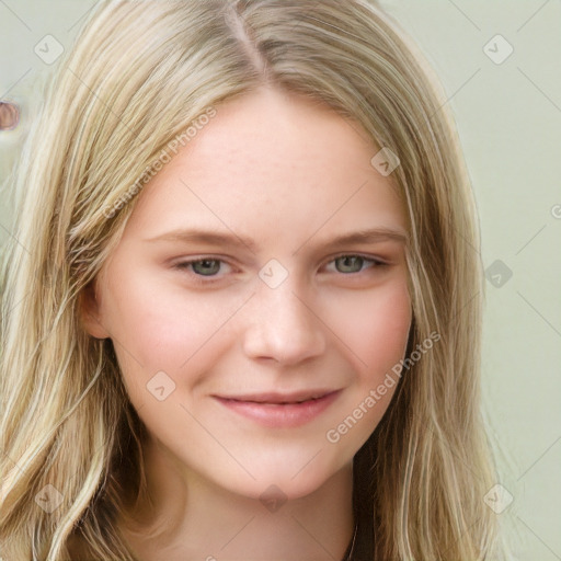 Joyful white young-adult female with long  brown hair and blue eyes