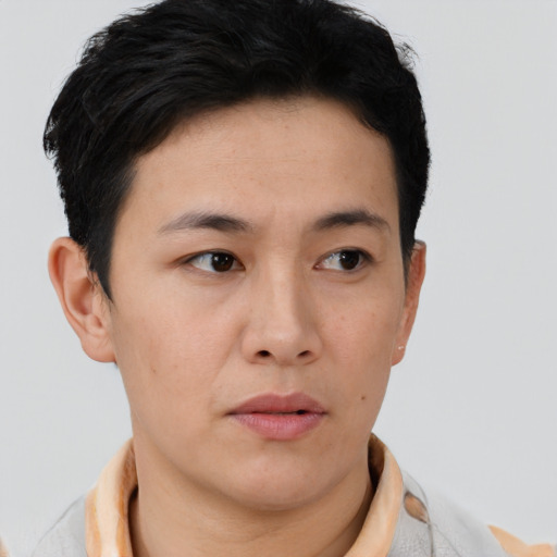 Neutral asian young-adult male with short  brown hair and brown eyes