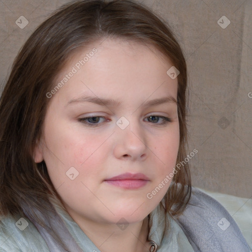 Neutral white child female with medium  brown hair and grey eyes