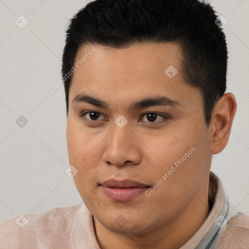 Joyful latino young-adult male with short  black hair and brown eyes