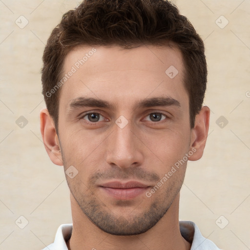 Neutral white young-adult male with short  brown hair and brown eyes