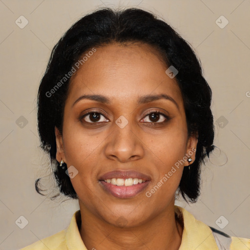 Joyful black young-adult female with medium  black hair and brown eyes