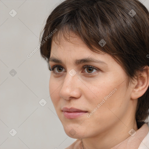 Neutral white young-adult female with medium  brown hair and brown eyes