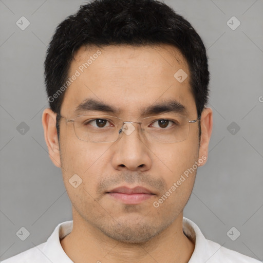 Neutral asian young-adult male with short  black hair and brown eyes