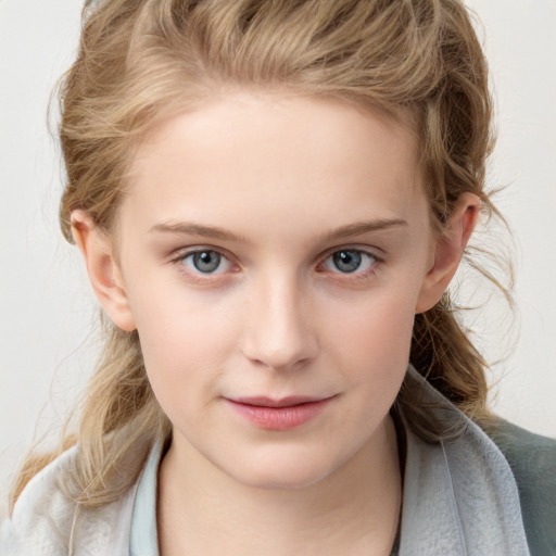 Joyful white child female with medium  brown hair and blue eyes