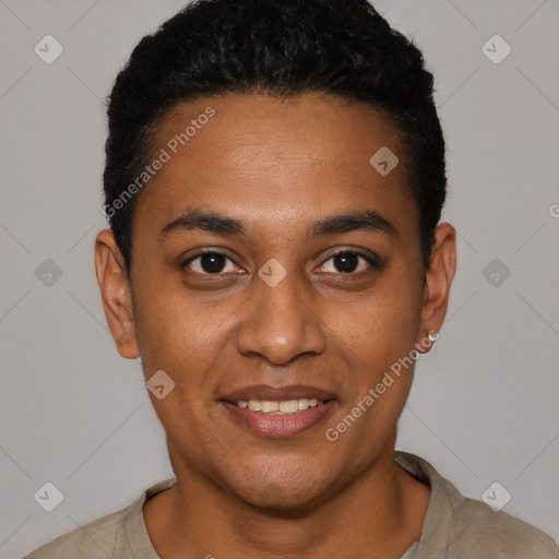 Joyful black young-adult male with short  black hair and brown eyes