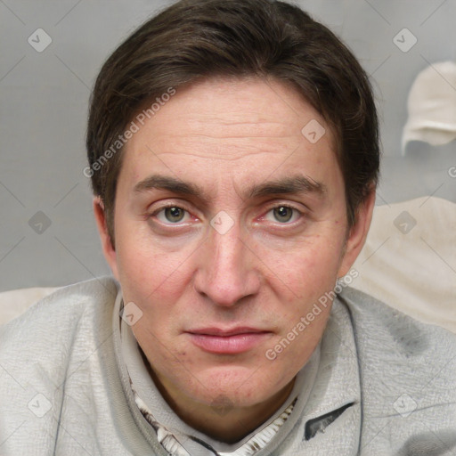 Joyful white adult male with short  brown hair and grey eyes