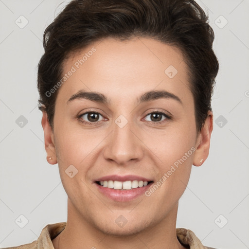 Joyful white young-adult female with short  brown hair and brown eyes