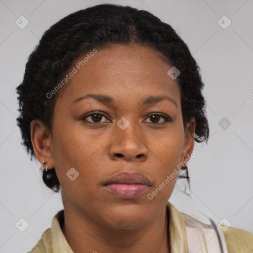 Neutral black young-adult female with medium  brown hair and brown eyes