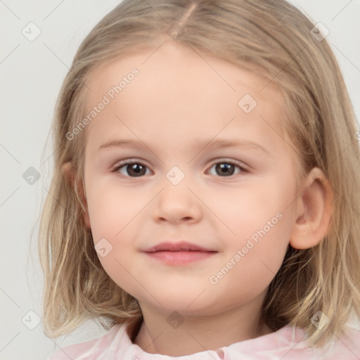 Joyful white child female with medium  brown hair and blue eyes