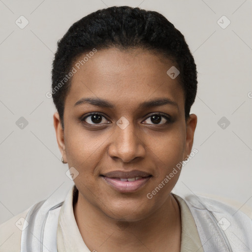 Joyful black young-adult female with short  black hair and brown eyes