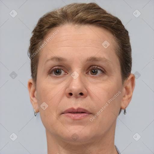 Neutral white adult female with short  brown hair and brown eyes