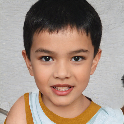 Joyful white child male with short  brown hair and brown eyes