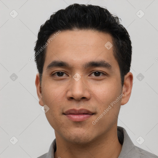 Neutral asian young-adult male with short  black hair and brown eyes