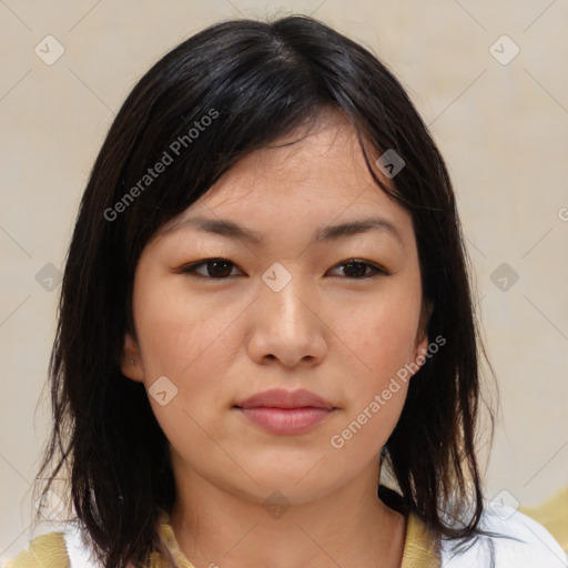 Neutral asian young-adult female with medium  brown hair and brown eyes