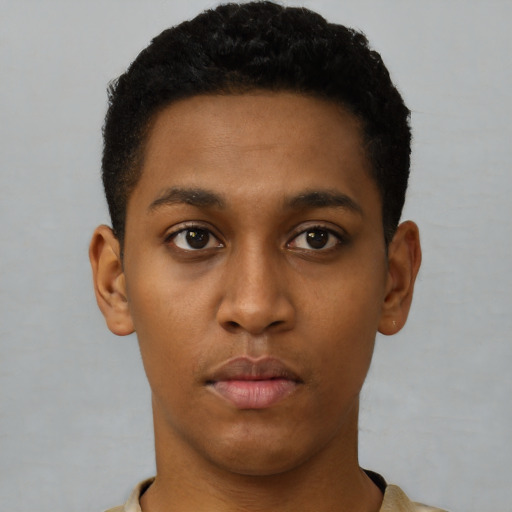Neutral black young-adult male with short  black hair and brown eyes