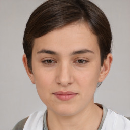 Neutral white young-adult female with short  brown hair and brown eyes