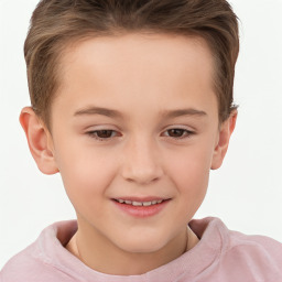 Joyful white child female with short  brown hair and brown eyes