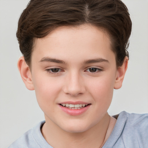 Joyful white child female with short  brown hair and brown eyes