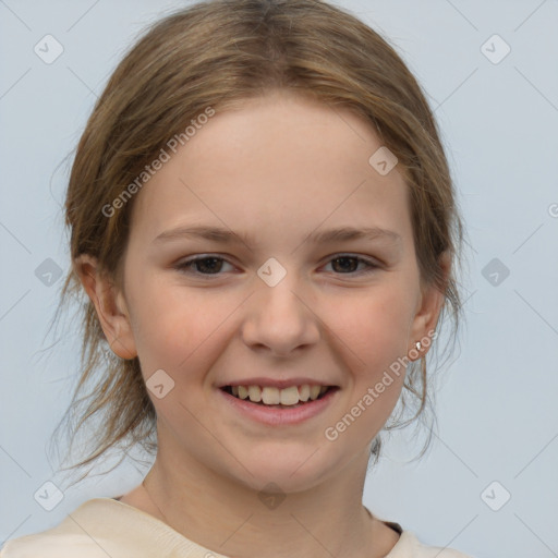 Joyful white child female with medium  brown hair and brown eyes