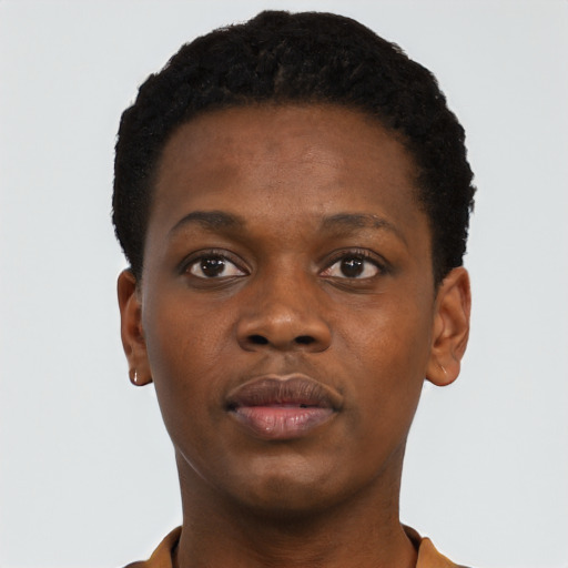 Neutral black young-adult female with short  black hair and brown eyes