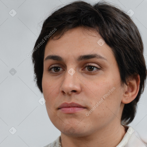 Neutral white young-adult female with medium  brown hair and brown eyes