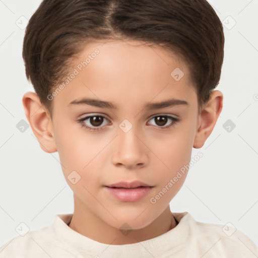 Joyful white child female with short  brown hair and brown eyes