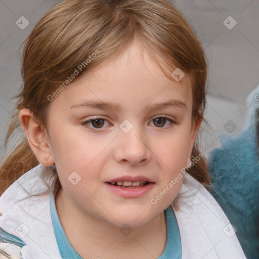 Joyful white child female with medium  brown hair and blue eyes