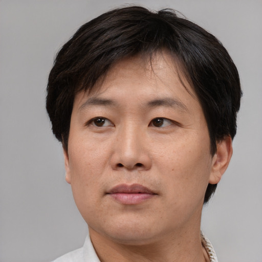Joyful asian adult male with short  brown hair and brown eyes
