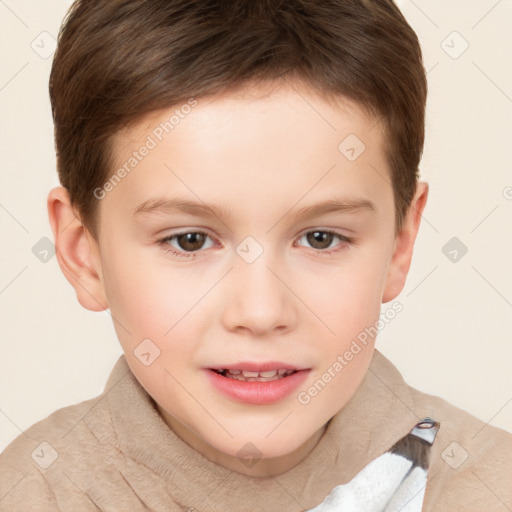 Joyful white child female with short  brown hair and brown eyes