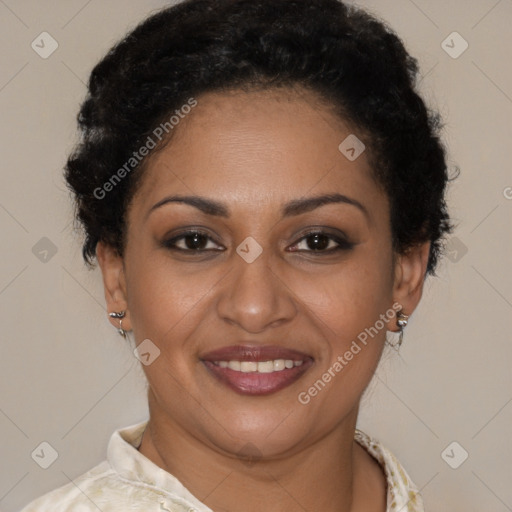 Joyful latino young-adult female with short  brown hair and brown eyes