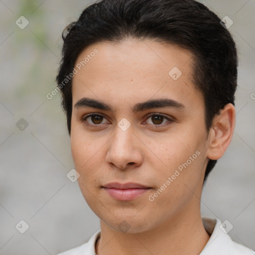 Neutral white young-adult male with short  brown hair and brown eyes