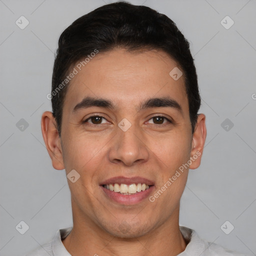 Joyful white young-adult male with short  black hair and brown eyes