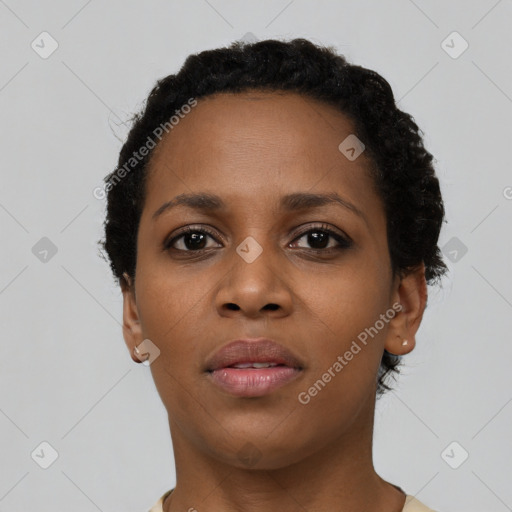 Neutral black young-adult female with short  black hair and brown eyes