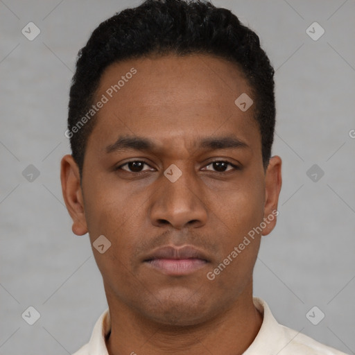 Neutral latino young-adult male with short  black hair and brown eyes