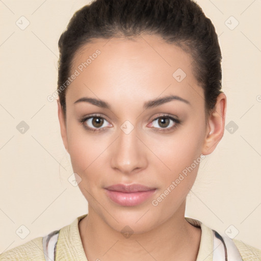 Neutral white young-adult female with short  brown hair and brown eyes