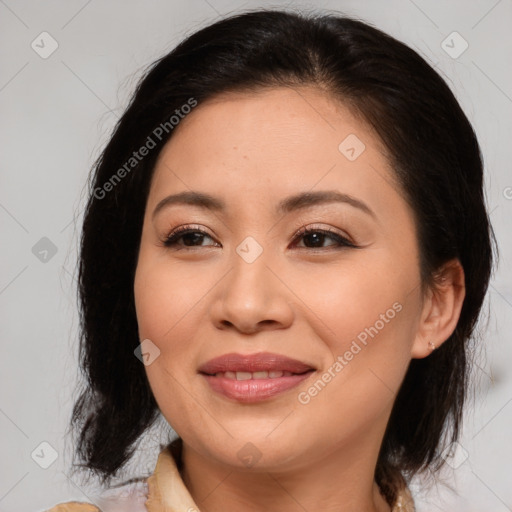 Joyful asian young-adult female with medium  brown hair and brown eyes