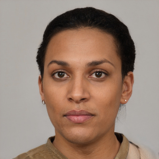 Neutral latino young-adult female with short  black hair and brown eyes