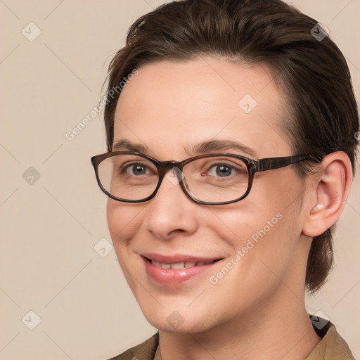 Joyful white young-adult male with medium  brown hair and brown eyes