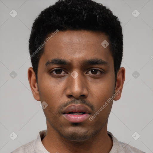 Neutral black young-adult male with short  black hair and brown eyes