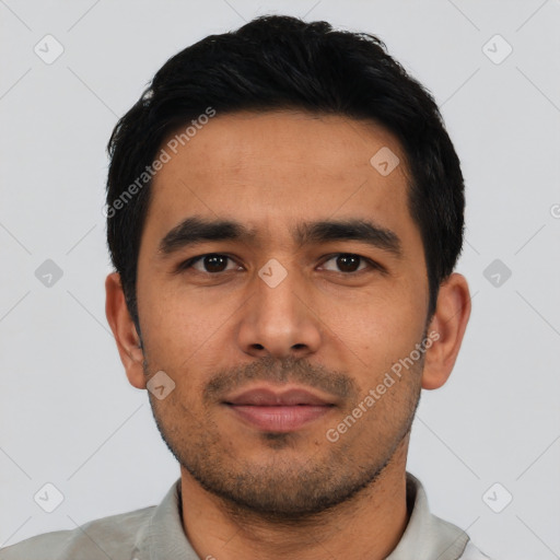 Neutral asian young-adult male with short  black hair and brown eyes