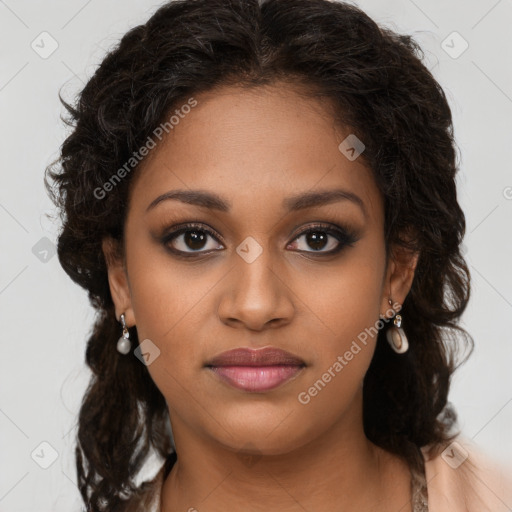 Joyful black young-adult female with long  brown hair and brown eyes