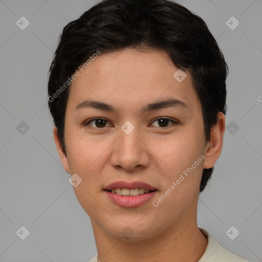 Joyful asian young-adult female with short  brown hair and brown eyes