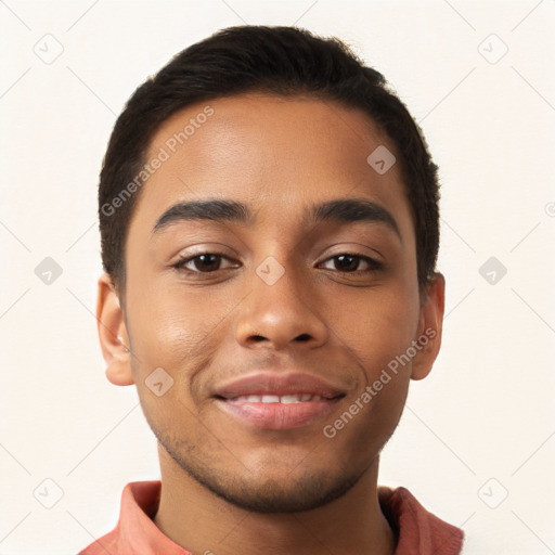 Joyful latino young-adult male with short  brown hair and brown eyes