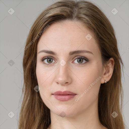 Neutral white young-adult female with long  brown hair and brown eyes