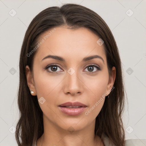 Neutral white young-adult female with long  brown hair and grey eyes