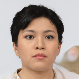 Neutral asian young-adult female with short  brown hair and brown eyes