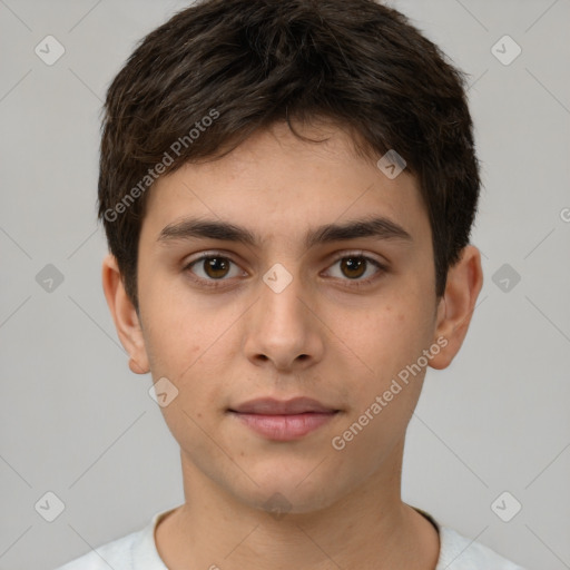 Neutral white young-adult male with short  brown hair and brown eyes